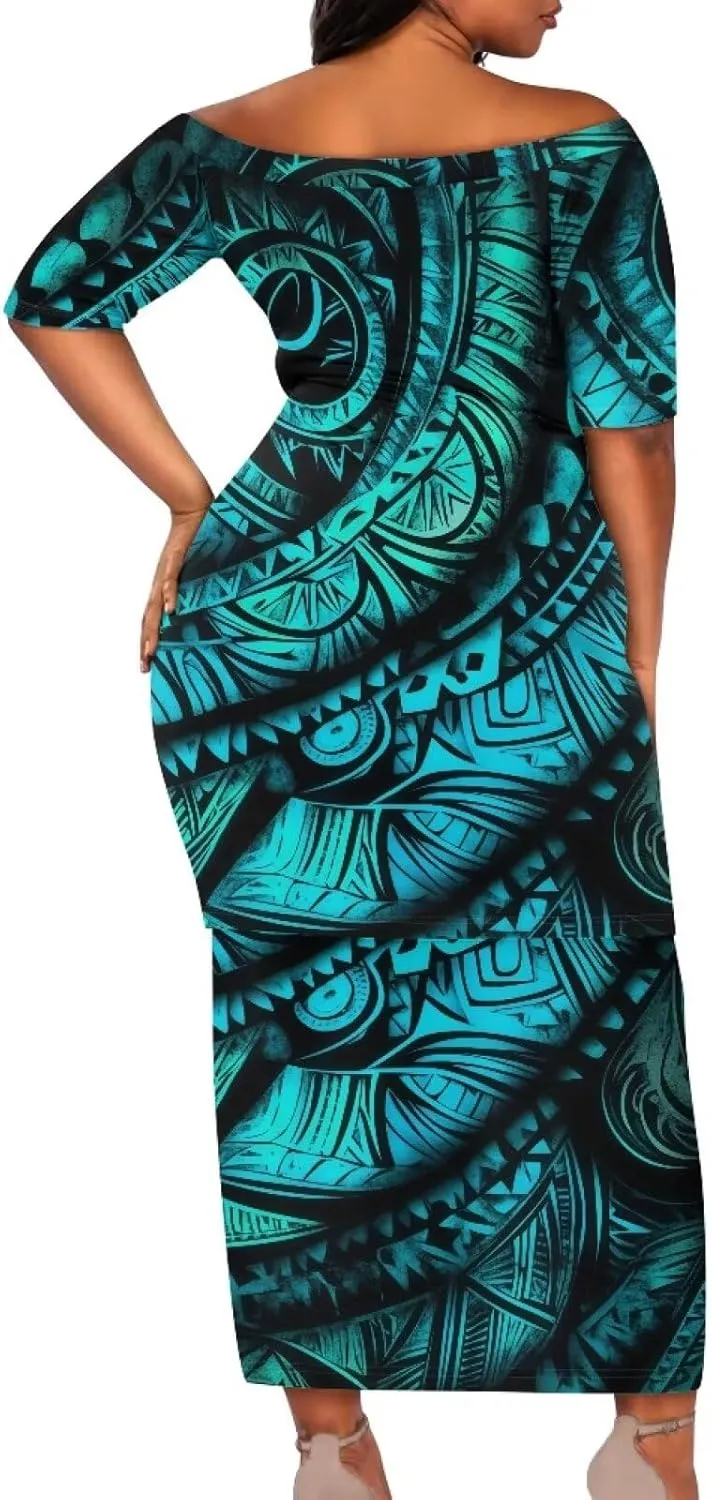Samoan Tribal Dress for Women Off Shoulder Dresses Skirt Top Set
