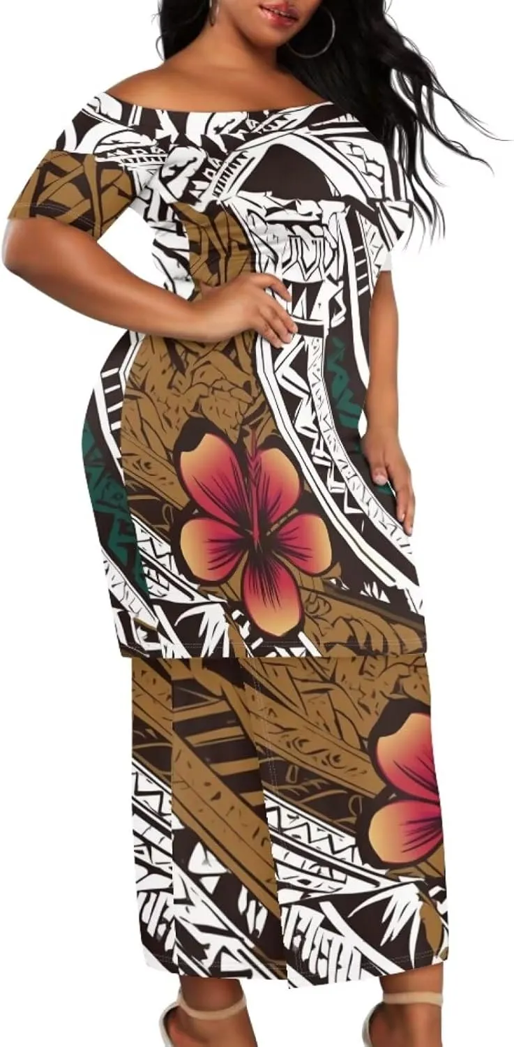 Samoan Tribal Dress for Women Off Shoulder Dresses Skirt Top Set