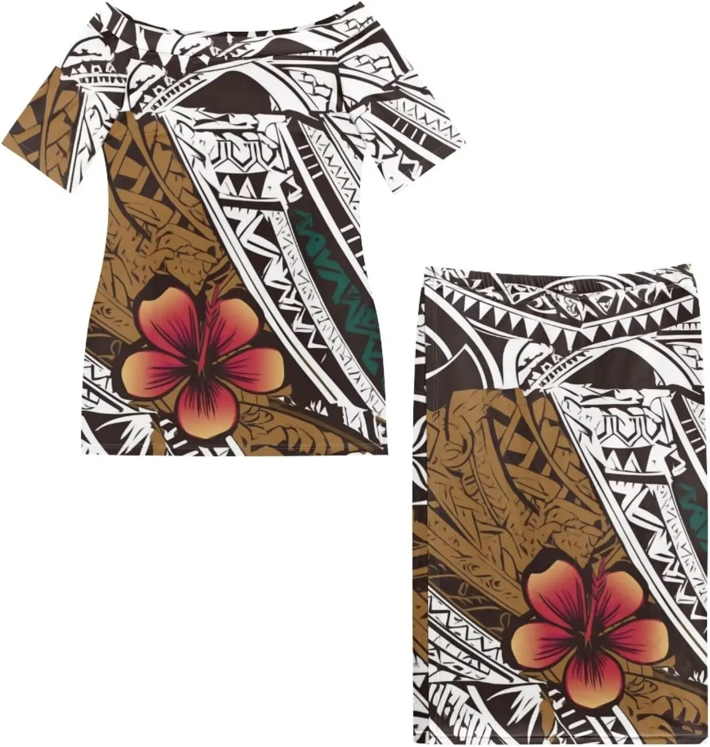 Samoan Tribal Dress for Women Off Shoulder Dresses Skirt Top Set