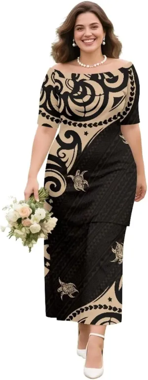 Samoan Tribal Dress for Women Off Shoulder Dresses Skirt Top Set