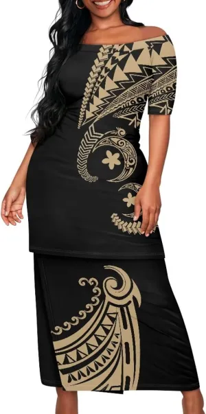Samoan Tribal Dress for Women Off Shoulder Dresses Skirt Top Set
