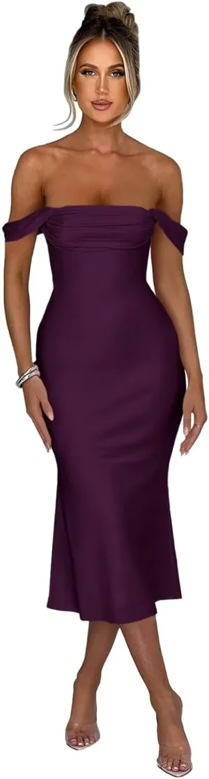 Satin Mermaid Prom Dresses Off Shoulder Bridesmaid Dresses Midi Formal Evening Party Gowns