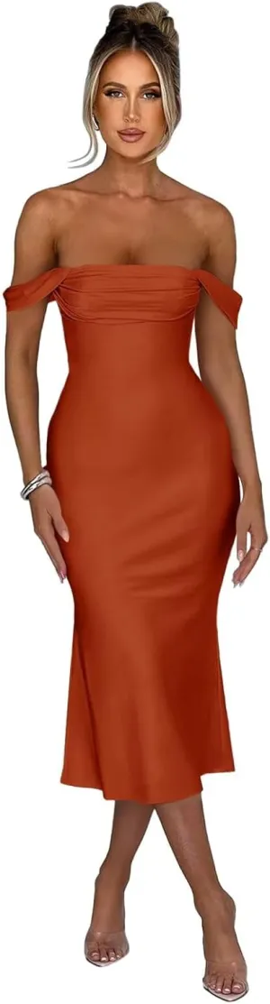 Satin Mermaid Prom Dresses Off Shoulder Bridesmaid Dresses Midi Formal Evening Party Gowns