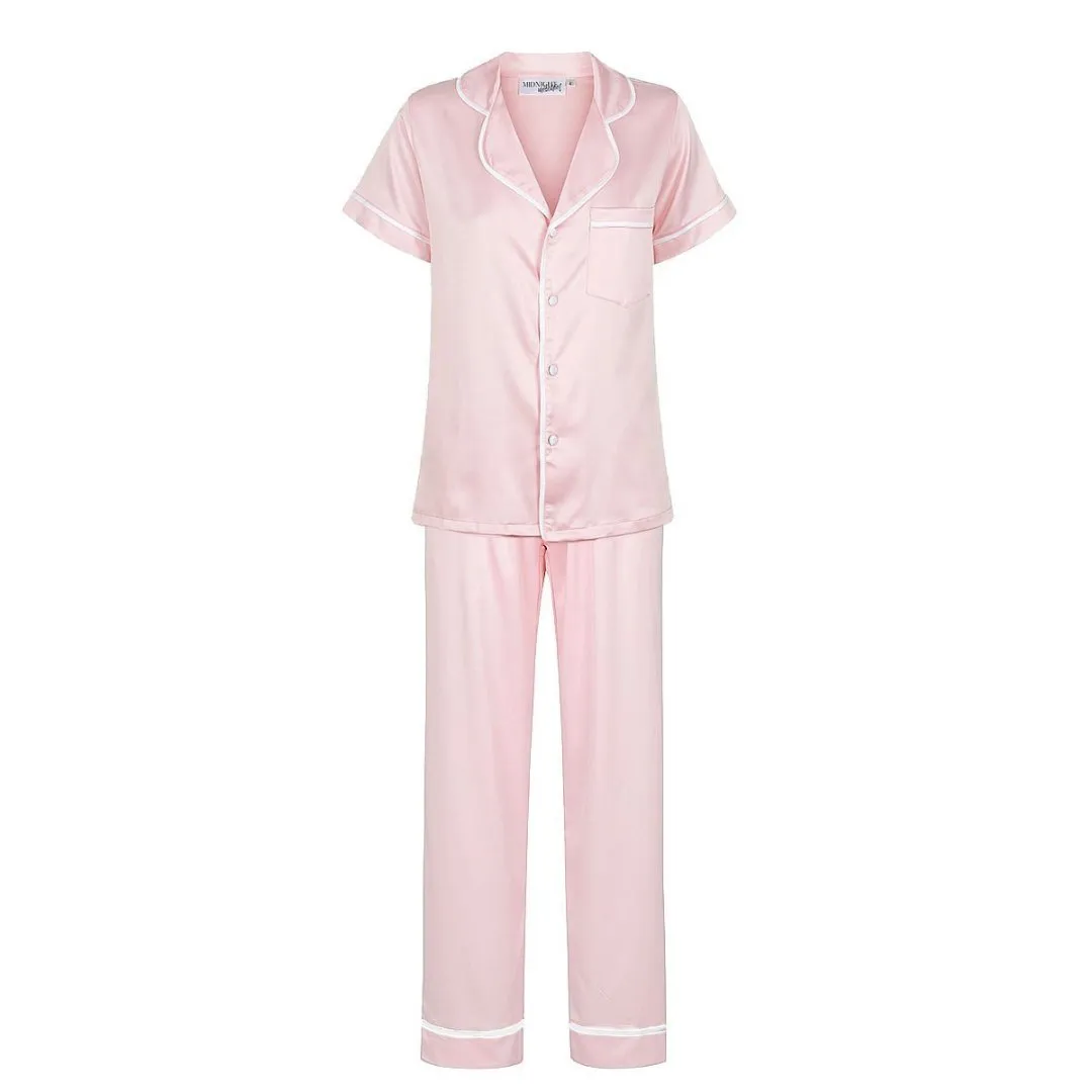 Satin Personalised Pyjama Set - Short Sleeve & Long Pants Bubble Gum Pink/White