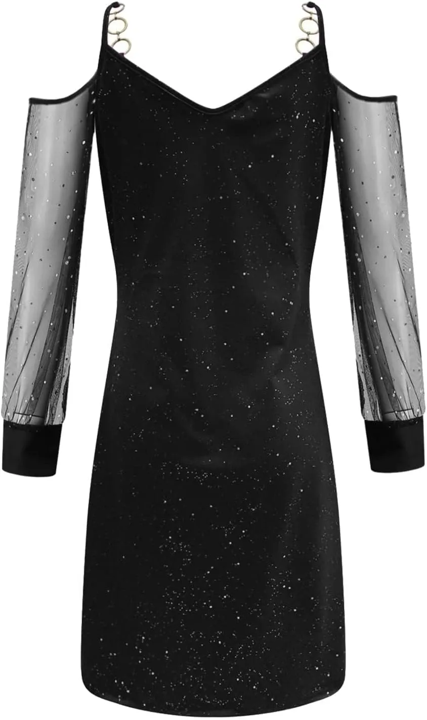 Sequin Dress for Women Sexy Strapless Dresses Long Sleeve V Neck Mesh Mini Dress Summer Patchwork Dresses 2025