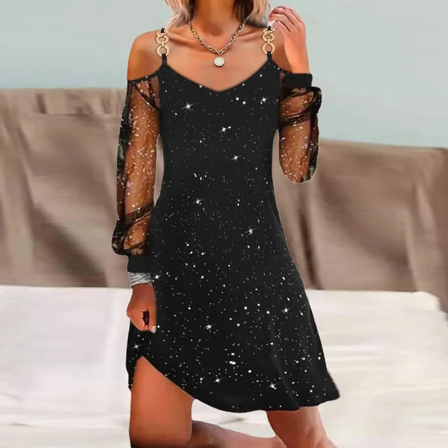 Sequin Dress for Women Sexy Strapless Dresses Long Sleeve V Neck Mesh Mini Dress Summer Patchwork Dresses 2025