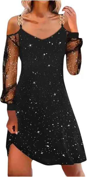 Sequin Dress for Women Sexy Strapless Dresses Long Sleeve V Neck Mesh Mini Dress Summer Patchwork Dresses 2025