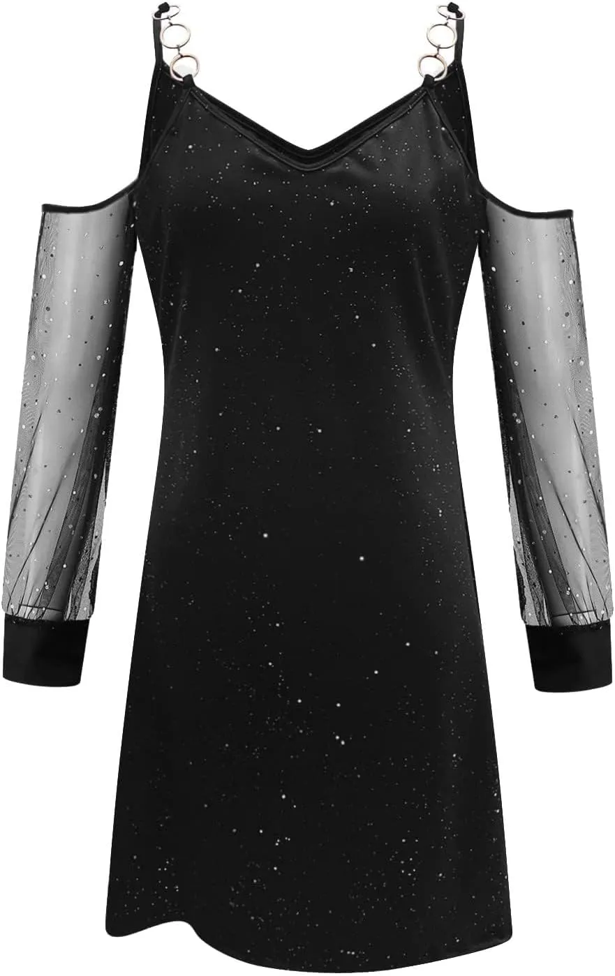 Sequin Dress for Women Sexy Strapless Dresses Long Sleeve V Neck Mesh Mini Dress Summer Patchwork Dresses 2025
