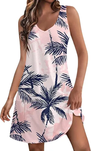 SGASY Beach Dresses for Women 2024 Vacation Boho Printed Casual Sundress Summer Sleeveless Loose Dress with Pockets