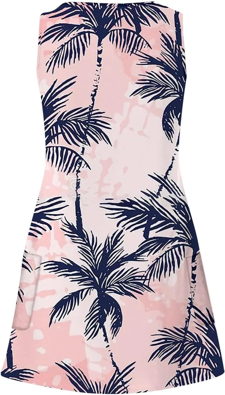 SGASY Beach Dresses for Women 2024 Vacation Boho Printed Casual Sundress Summer Sleeveless Loose Dress with Pockets