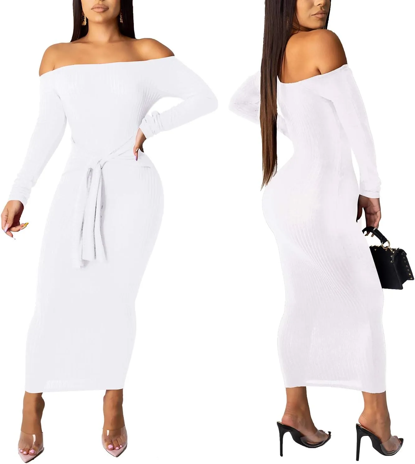SheKiss Women's Off Shoulder Long Sleeves Bodycon Sweater Dress Sexy Knit Slim Cardigans