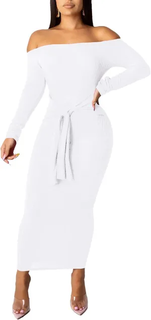 SheKiss Women's Off Shoulder Long Sleeves Bodycon Sweater Dress Sexy Knit Slim Cardigans