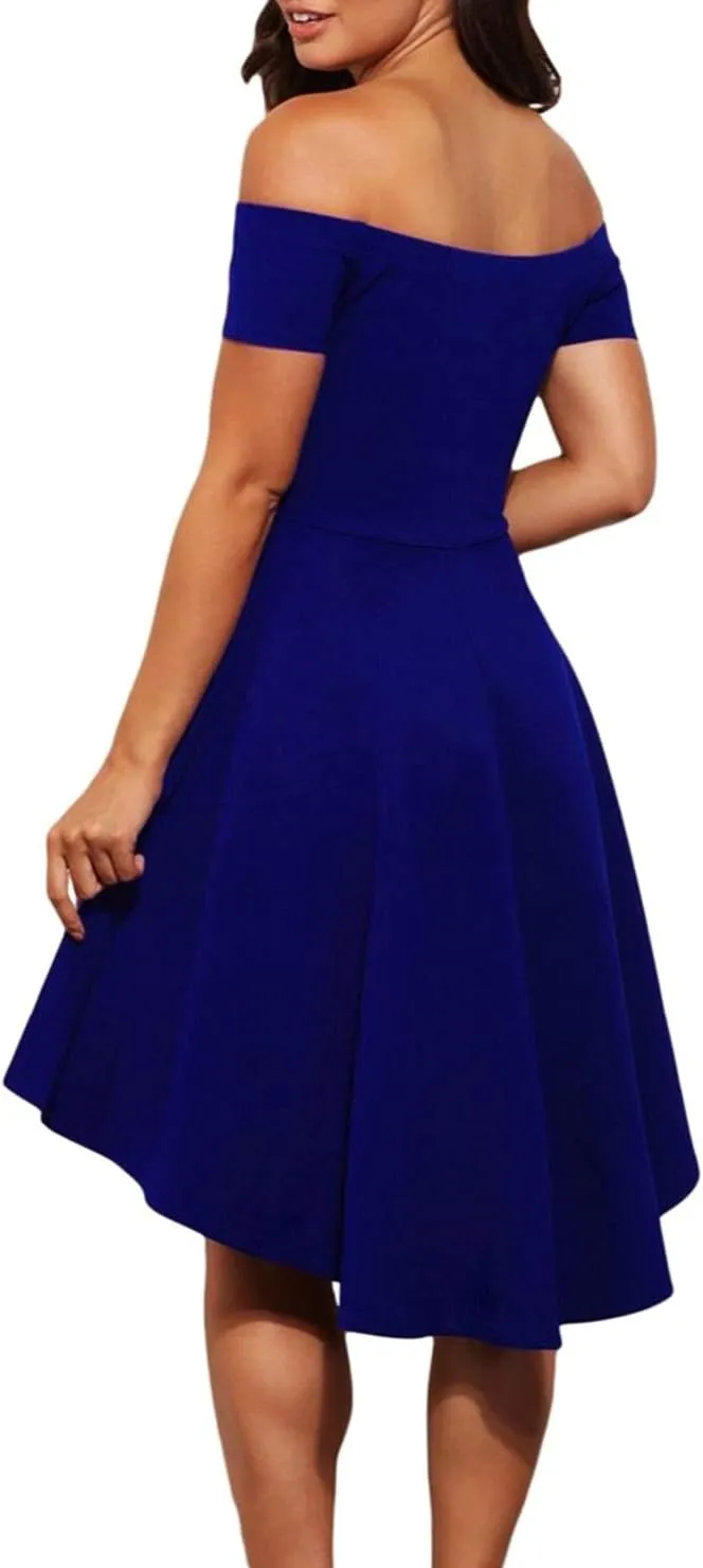 Shenbolen Womens Off Shoulder Short Sleeve Evening Dress Cocktail Skater Dresses