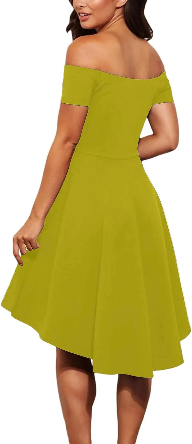 Shenbolen Womens Off Shoulder Short Sleeve Evening Dress Cocktail Skater Dresses