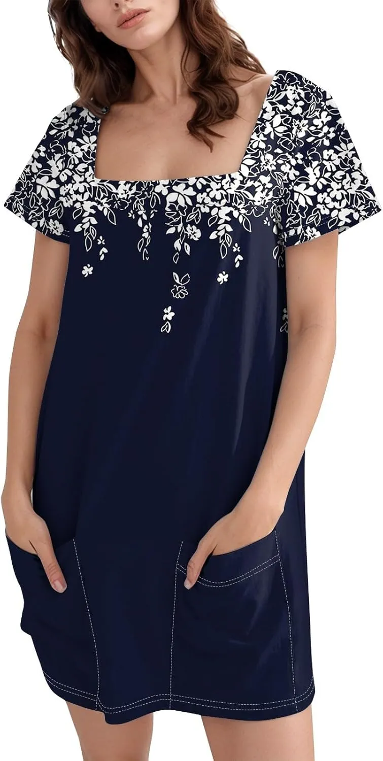 Short Sleeve Dress for Women 2025 Trendy Square Neck Summer Dress Plus Size T Shirt Dress Mini Sundress with Pockets
