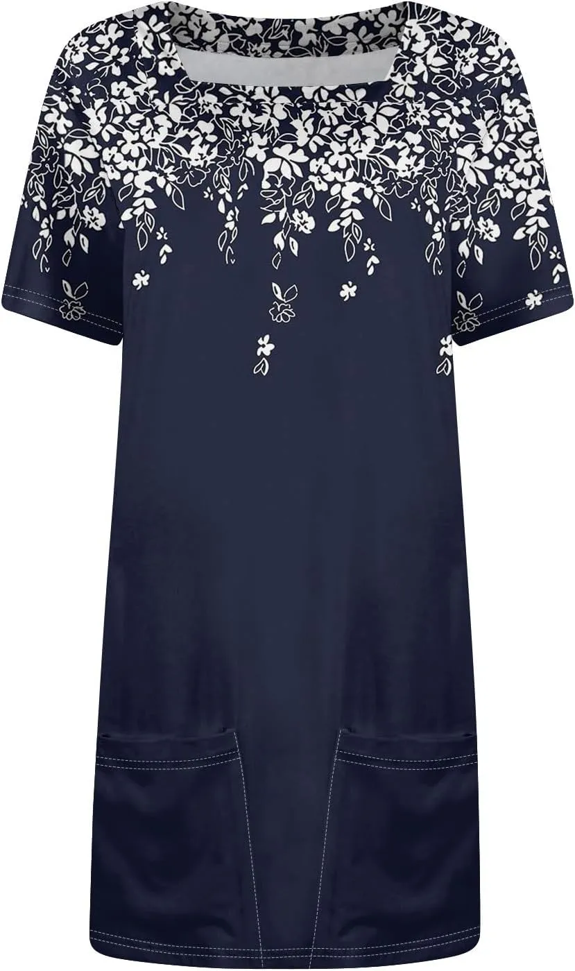 Short Sleeve Dress for Women 2025 Trendy Square Neck Summer Dress Plus Size T Shirt Dress Mini Sundress with Pockets