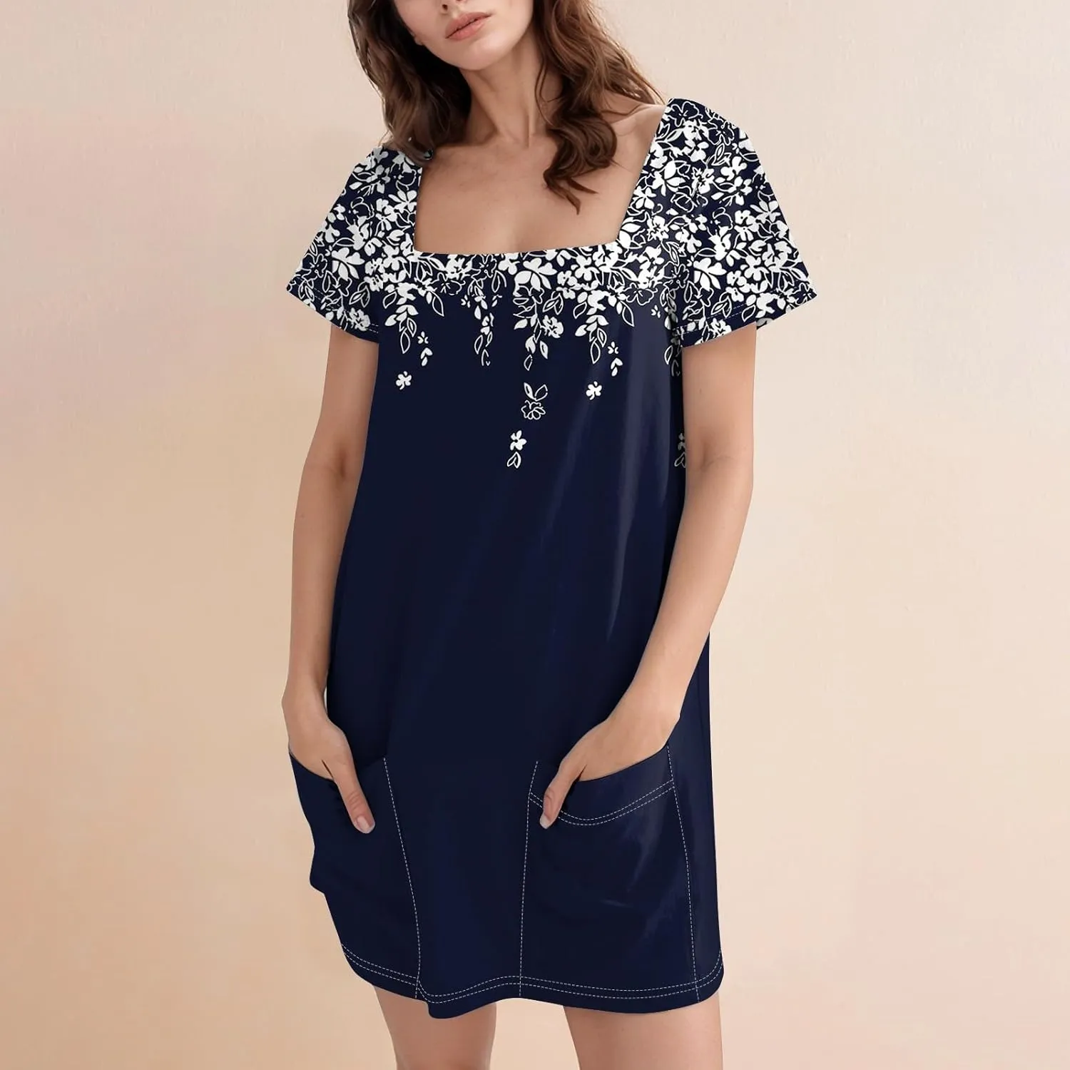 Short Sleeve Dress for Women 2025 Trendy Square Neck Summer Dress Plus Size T Shirt Dress Mini Sundress with Pockets