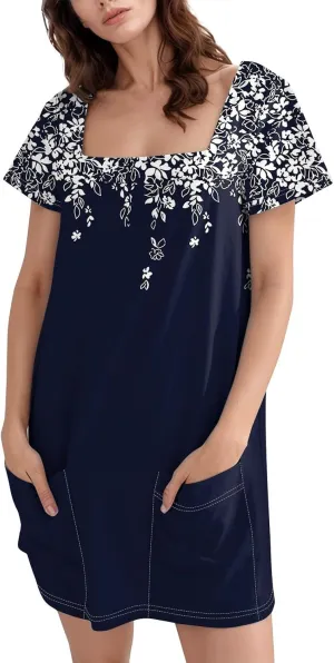 Short Sleeve Dress for Women 2025 Trendy Square Neck Summer Dress Plus Size T Shirt Dress Mini Sundress with Pockets