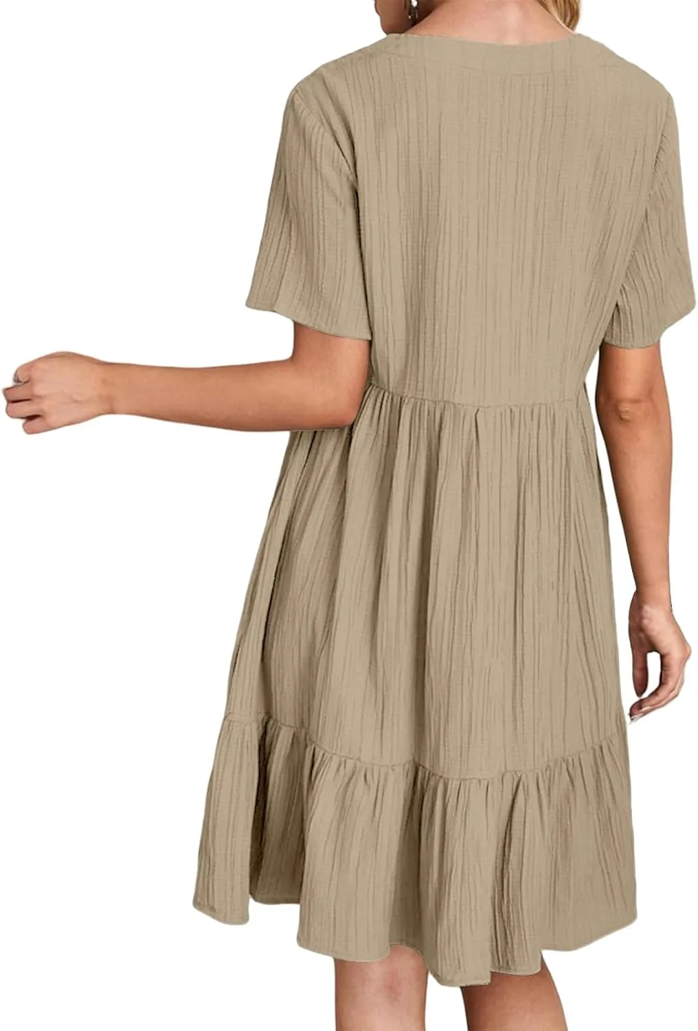 Short Sleeve Dress for Women Casual Summer V Neck Loose Ruffle Midi Dresses Solid Flowy Tiered Swing Beach Sundress