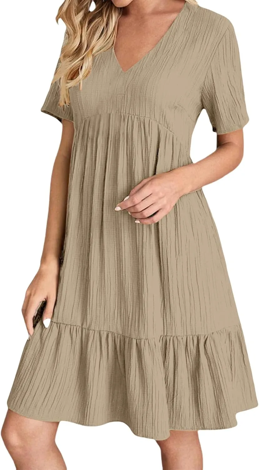 Short Sleeve Dress for Women Casual Summer V Neck Loose Ruffle Midi Dresses Solid Flowy Tiered Swing Beach Sundress