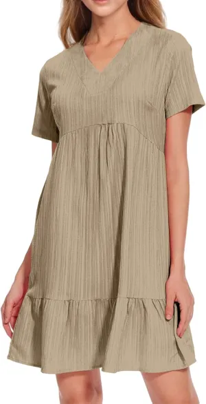 Short Sleeve Dress for Women Casual Summer V Neck Loose Ruffle Midi Dresses Solid Flowy Tiered Swing Beach Sundress