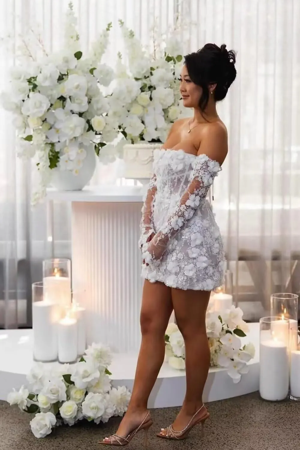 Short Wedding Dress for Bride 2025 Off Shoulder Mini Cocktail Dress Long Sleeve Bridal Gown