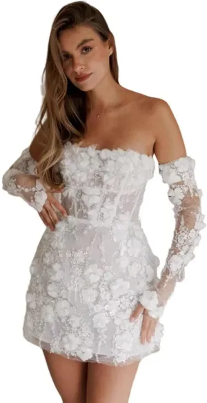 Short Wedding Dress for Bride 2025 Off Shoulder Mini Cocktail Dress Long Sleeve Bridal Gown