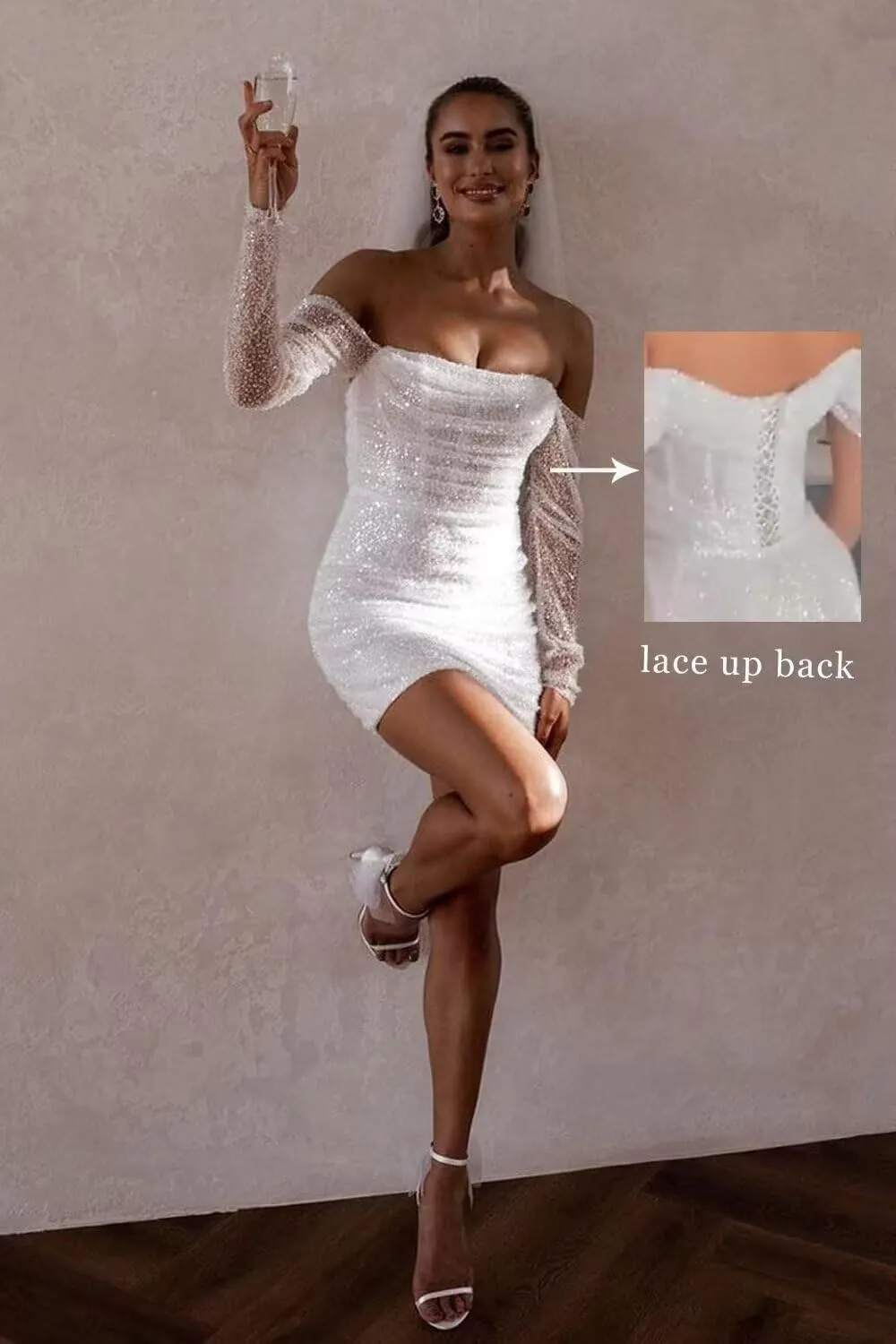 Short Wedding Dress for Bride 2025 Off Shoulder Mini Cocktail Dress Long Sleeve Bridal Gown