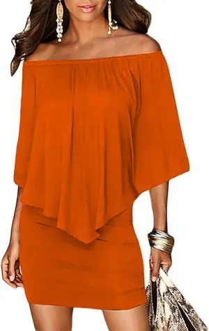 Sidefeel Women's Dresses Off Shoulder Ruffles Night Club Bodycon Mini Dress