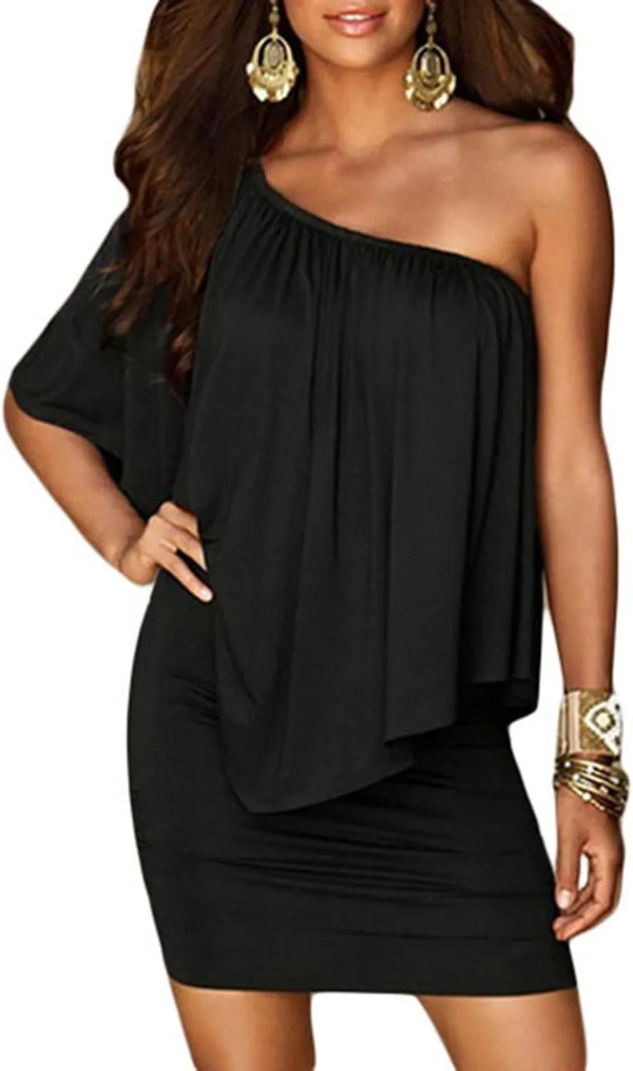 Sidefeel Women's Dresses Off Shoulder Ruffles Night Club Bodycon Mini Dress