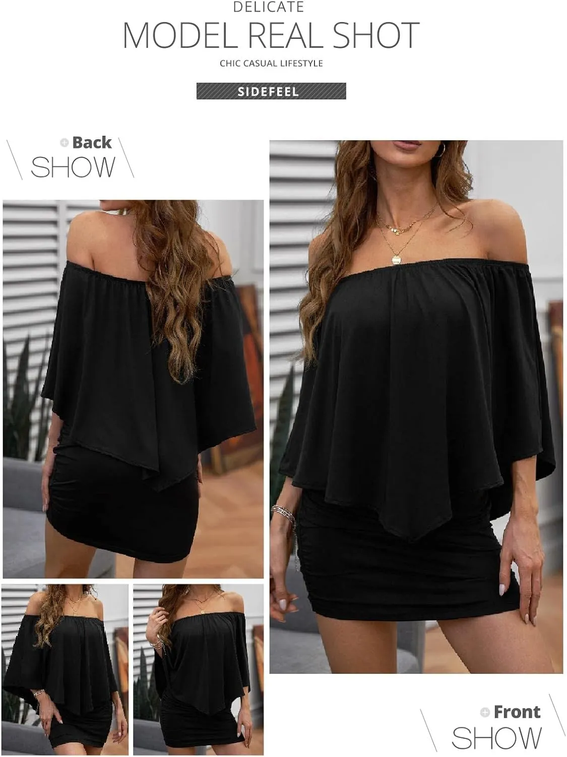 Sidefeel Women's Dresses Off Shoulder Ruffles Night Club Bodycon Mini Dress
