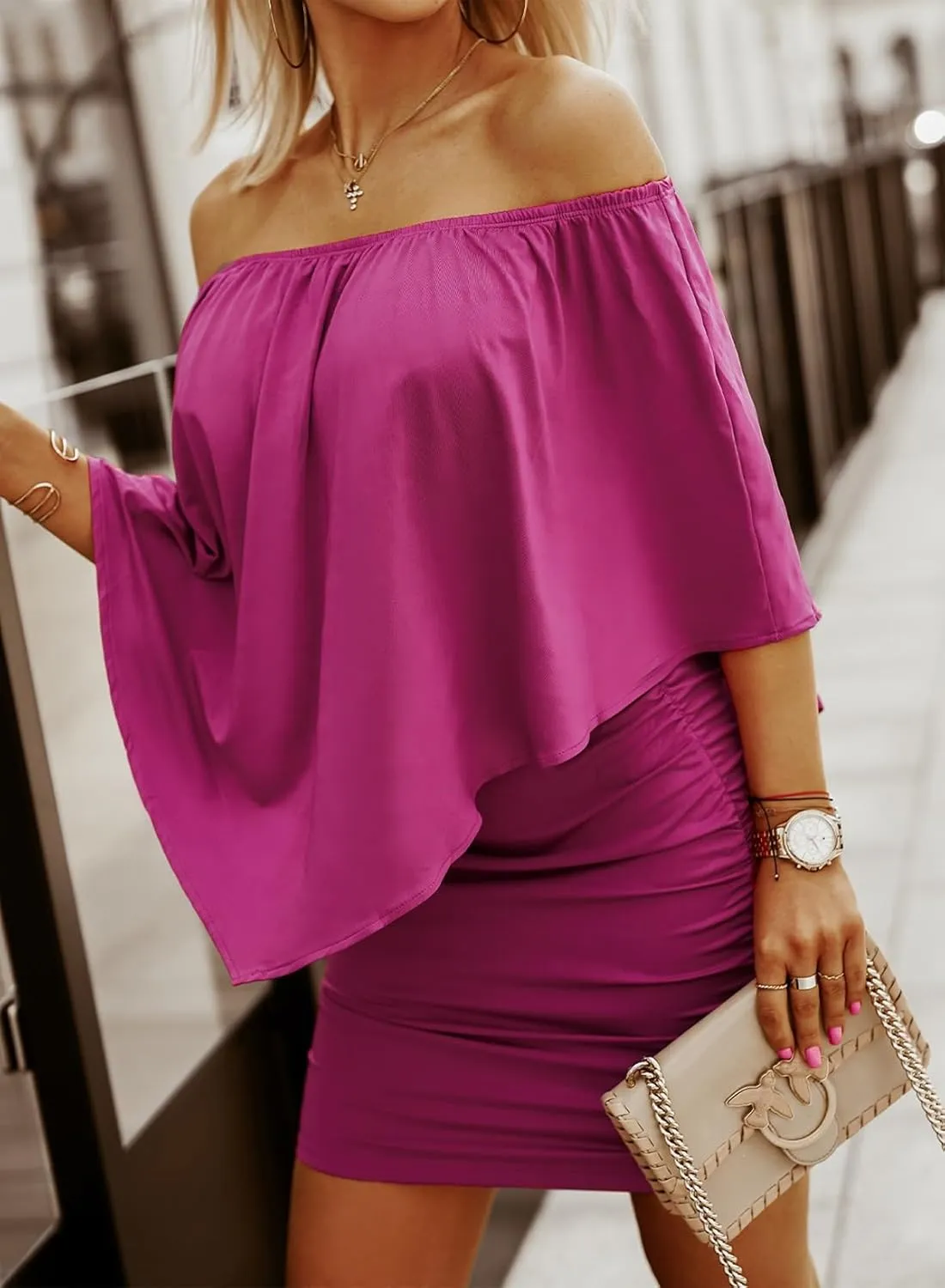 Sidefeel Women's Dresses Off Shoulder Ruffles Night Club Bodycon Mini Dress