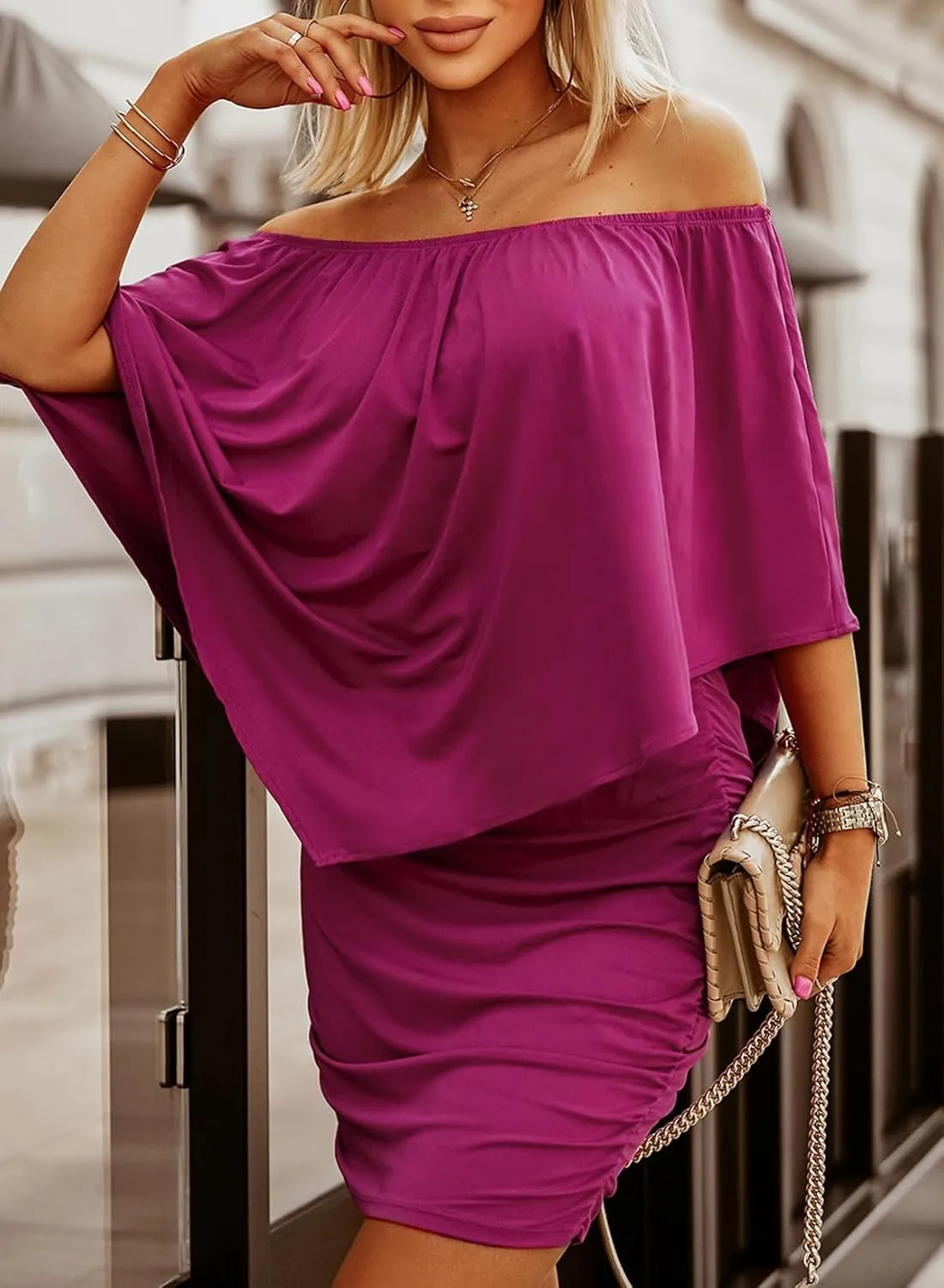 Sidefeel Women's Dresses Off Shoulder Ruffles Night Club Bodycon Mini Dress
