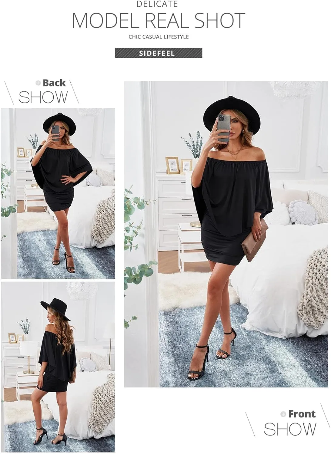 Sidefeel Women's Dresses Off Shoulder Ruffles Night Club Bodycon Mini Dress