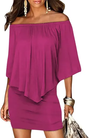 Sidefeel Women's Dresses Off Shoulder Ruffles Night Club Bodycon Mini Dress
