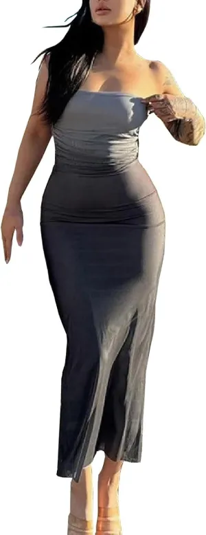 Sinzelimin Cocktail Dresses for Womens Trendy Gradient Bodycon Bandeau Midi Dress Sexy Sleeveless Curvy Women Pleated Dress