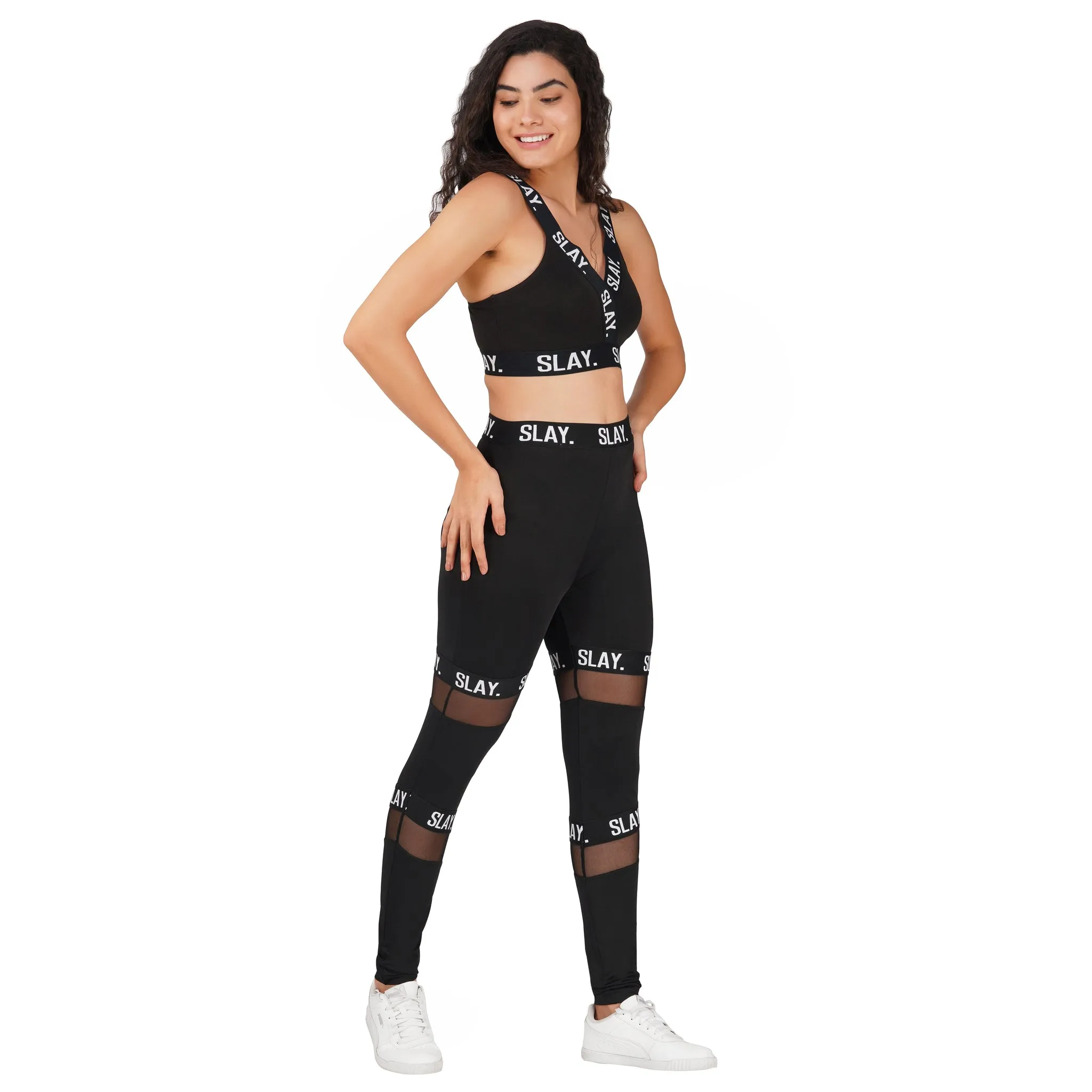SLAY. Sport Women's Activewear Crop Top And Pants Co-ord Set Black