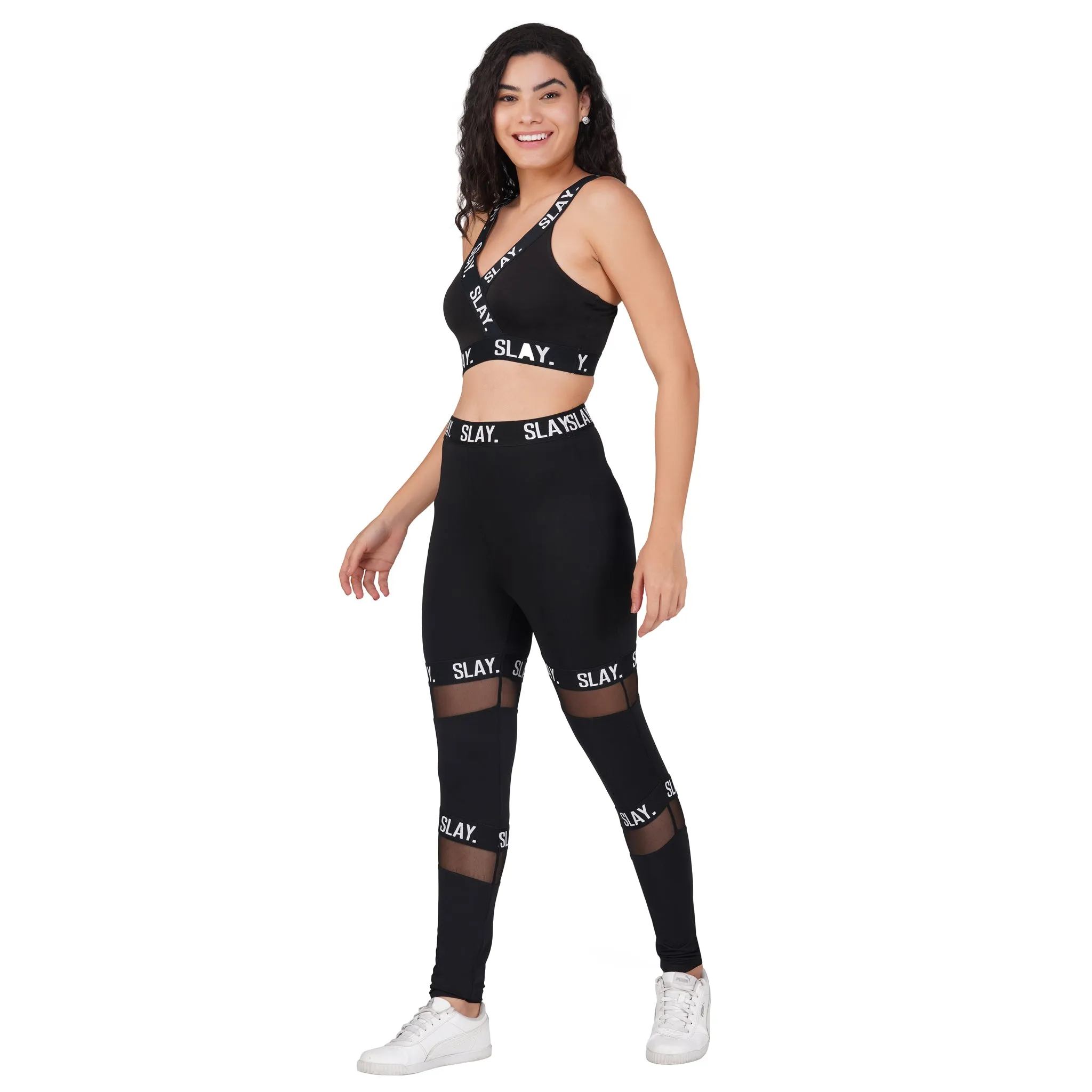 SLAY. Sport Women's Activewear Crop Top And Pants Co-ord Set Black