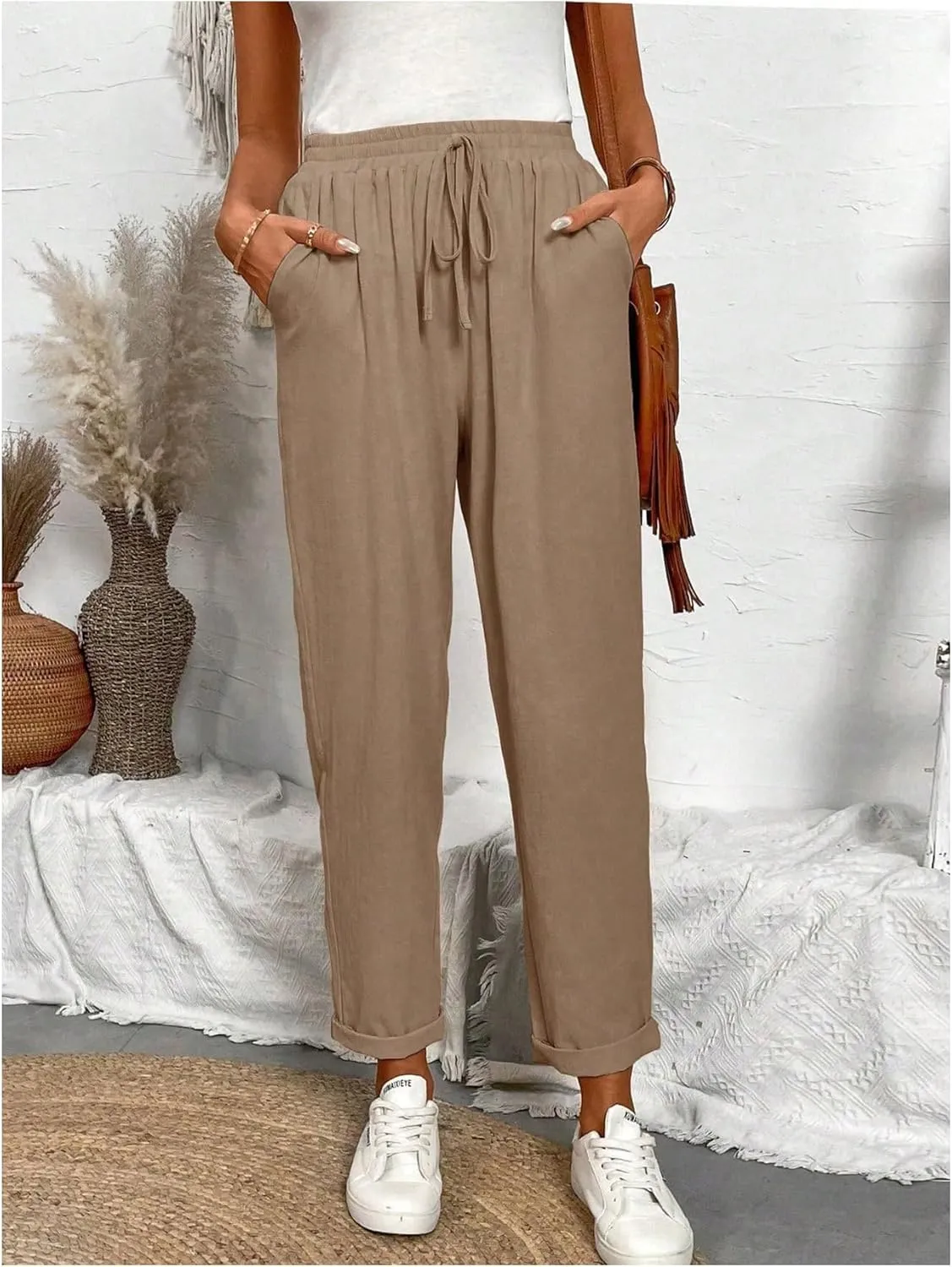 SOLY HUX Women's Tie Front Elastic High Waisted Casual Pants with Pockets
