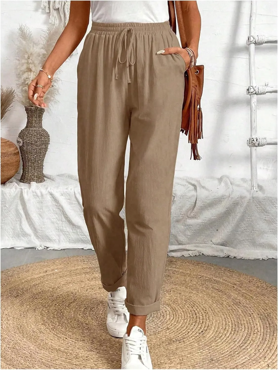 SOLY HUX Women's Tie Front Elastic High Waisted Casual Pants with Pockets