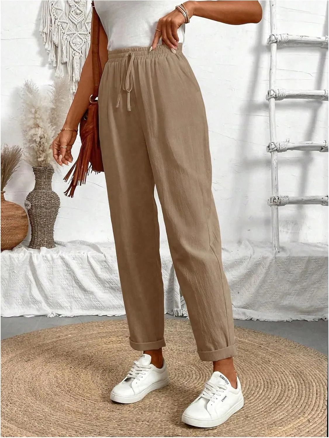 SOLY HUX Women's Tie Front Elastic High Waisted Casual Pants with Pockets