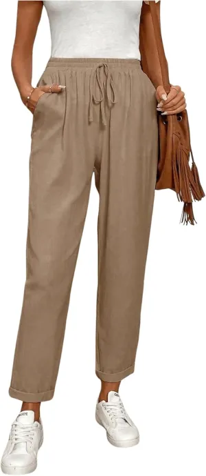 SOLY HUX Women's Tie Front Elastic High Waisted Casual Pants with Pockets