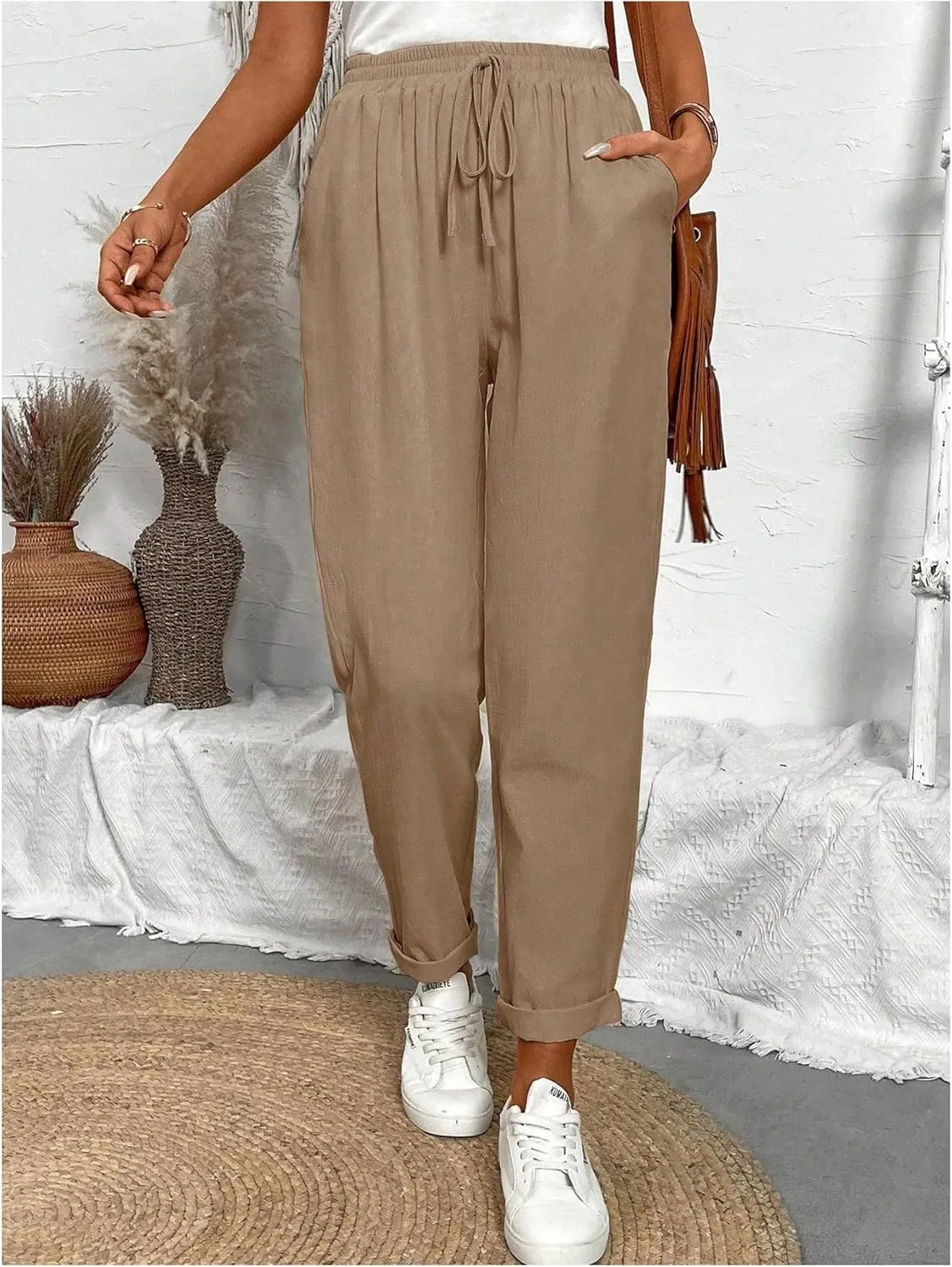 SOLY HUX Women's Tie Front Elastic High Waisted Casual Pants with Pockets