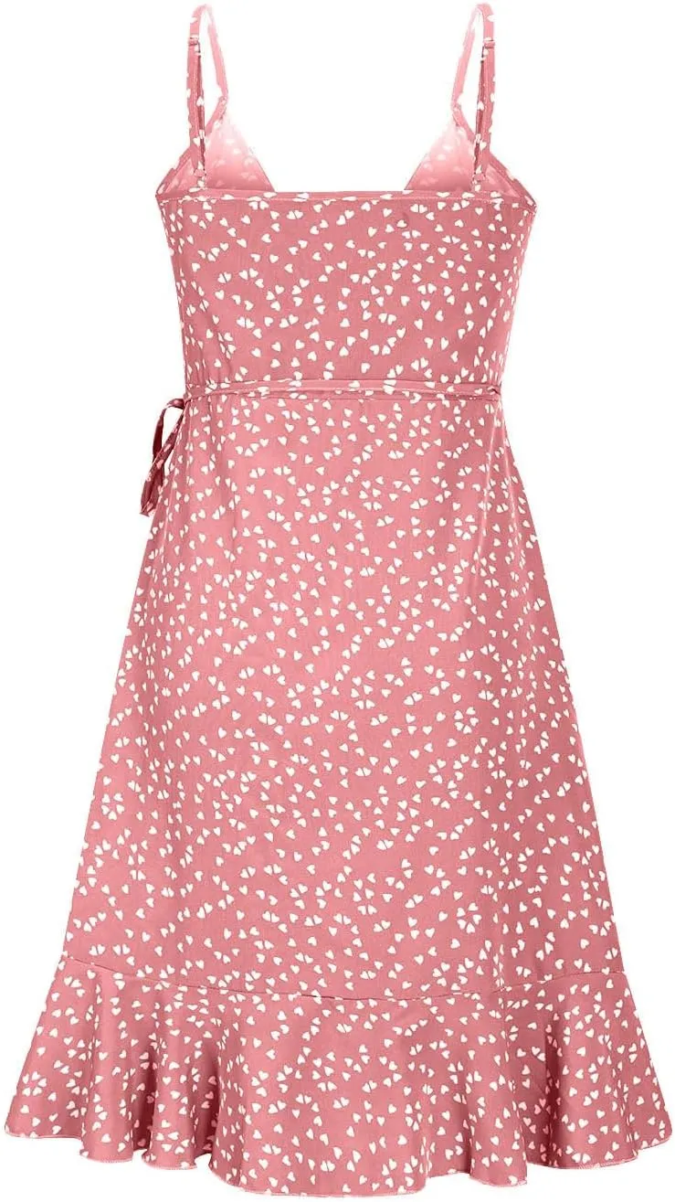 Spaghetti Strap Floral Mini Dress Women's Casual Wrap V-Neck Tie Side Ruffle Boho Dress Summer Beach Sundress