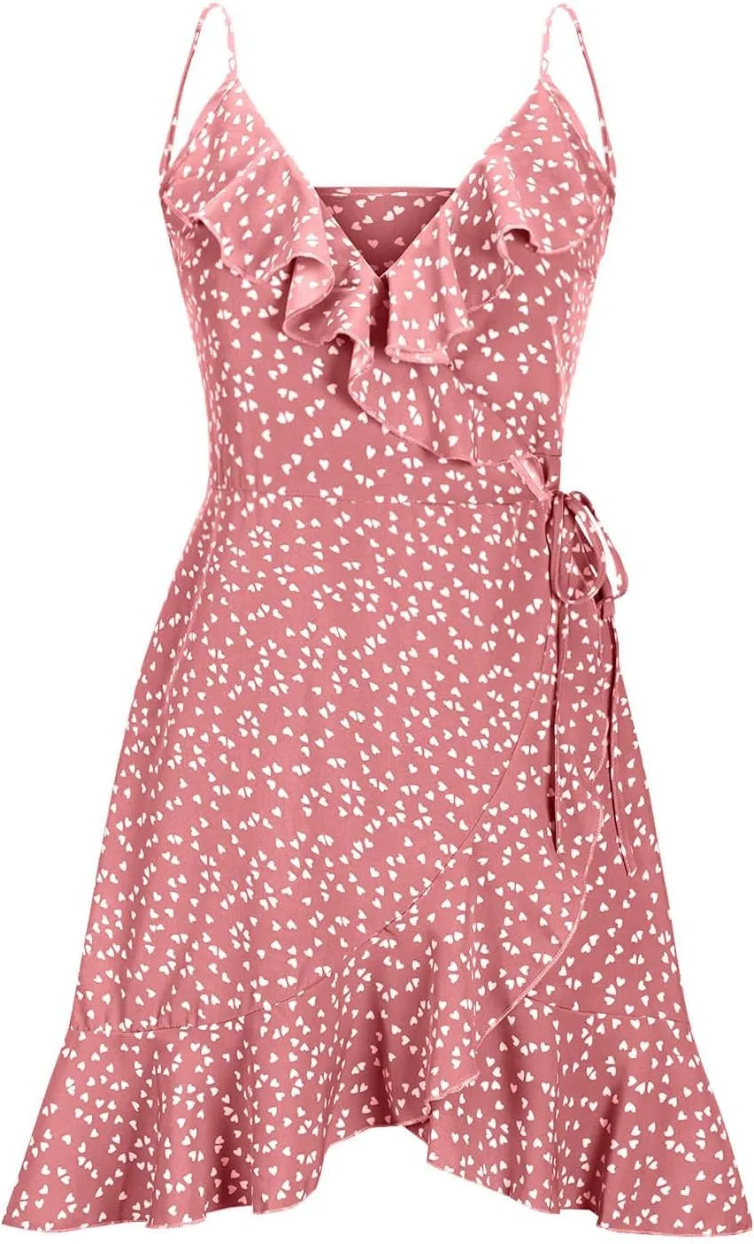 Spaghetti Strap Floral Mini Dress Women's Casual Wrap V-Neck Tie Side Ruffle Boho Dress Summer Beach Sundress