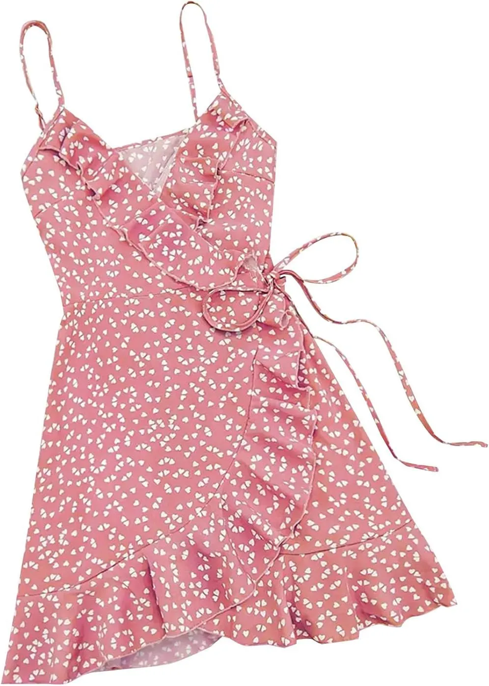 Spaghetti Strap Floral Mini Dress Women's Casual Wrap V-Neck Tie Side Ruffle Boho Dress Summer Beach Sundress