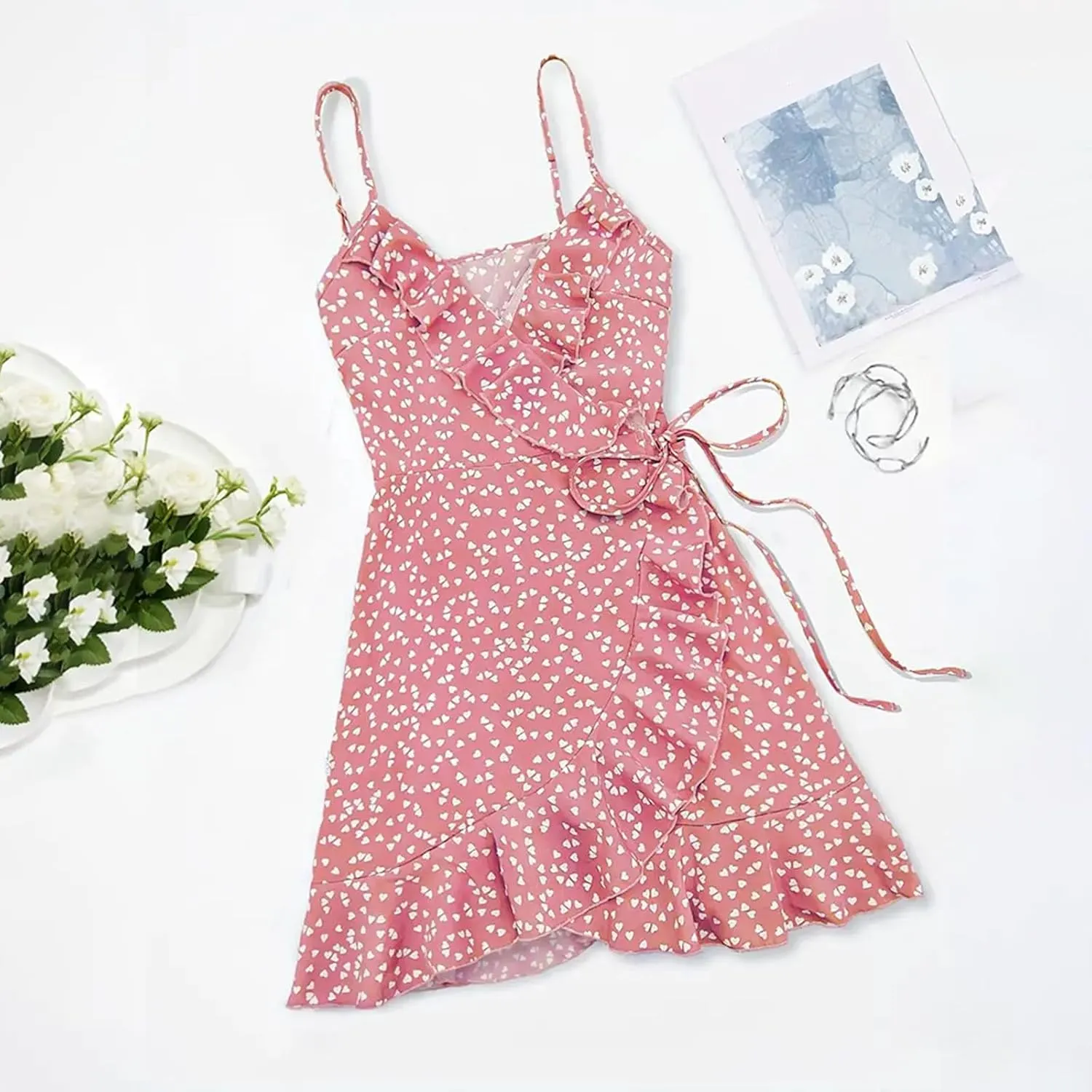 Spaghetti Strap Floral Mini Dress Women's Casual Wrap V-Neck Tie Side Ruffle Boho Dress Summer Beach Sundress