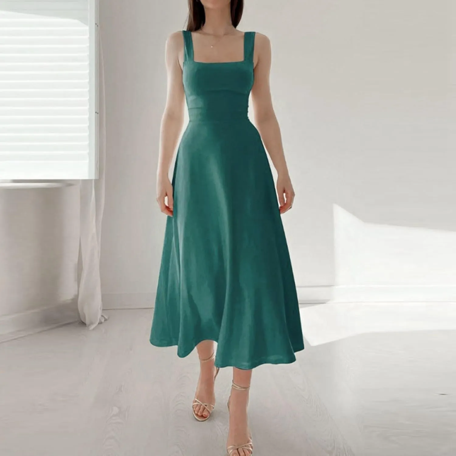 Spring Dress for Women 2025, Square Neck Midi Dress for Women Summer Casual Sleeveless Drawstring Sundress Flare Tank Dress