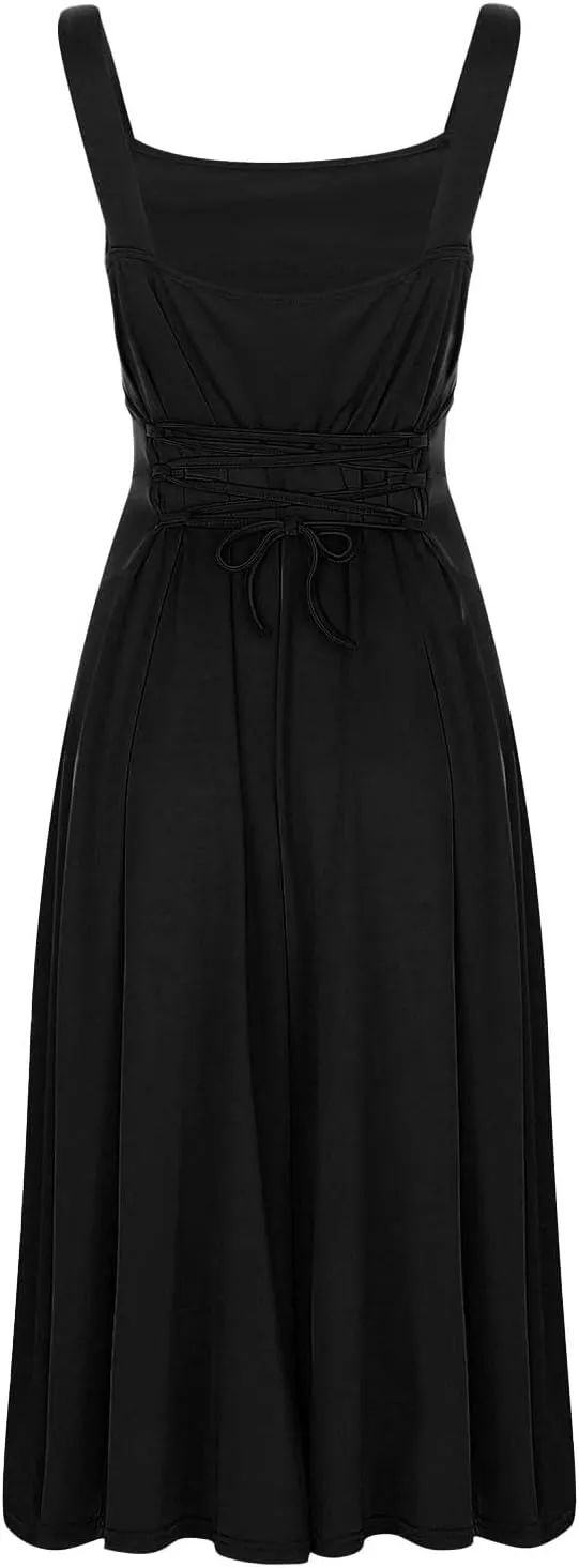 Spring Dress for Women 2025, Square Neck Midi Dress for Women Summer Casual Sleeveless Drawstring Sundress Flare Tank Dress