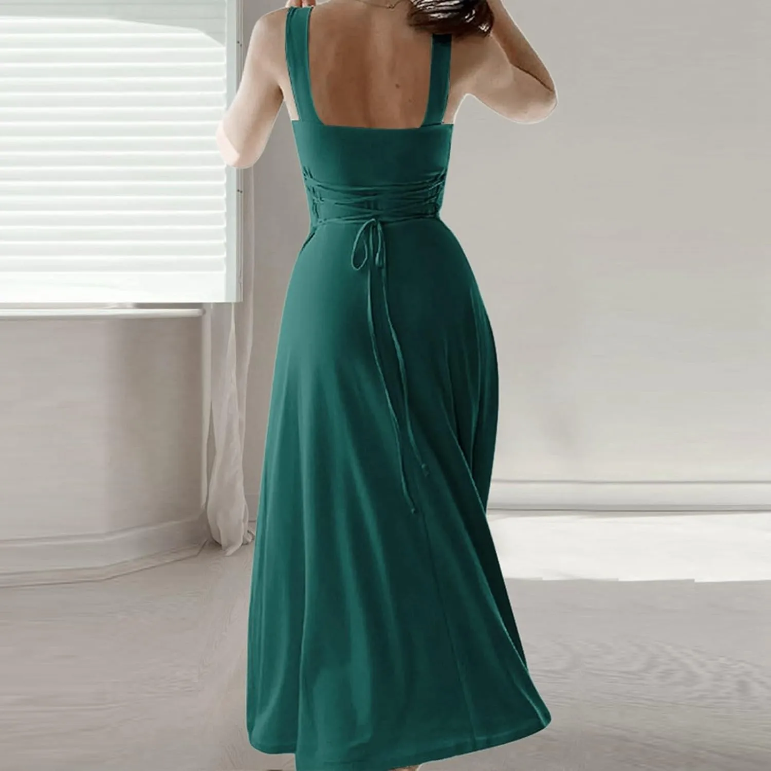 Spring Dress for Women 2025, Square Neck Midi Dress for Women Summer Casual Sleeveless Drawstring Sundress Flare Tank Dress